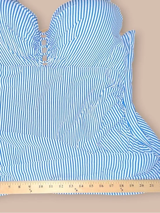 Cacique Swim Strapless One Piece Blue White Stripe Ruffle 44DD Plus Size - Picture 2 of 6